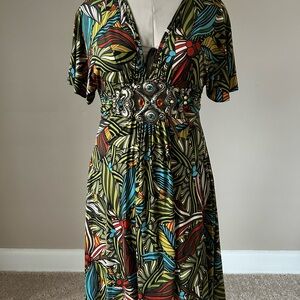 Green and Red Plunge Neck Flutter Sleeve Mini Dress